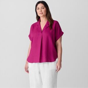 Eileen Fisher | Curved hem Linen fuchsia top blouse Womens size 2X drape pleat